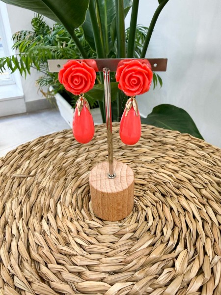 PENDIENTE LAGRIMA Y FLOR CORAL