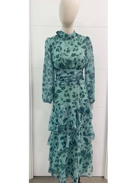 VESTIDO VOLANTES ESTAMPADO AGUA MARINA