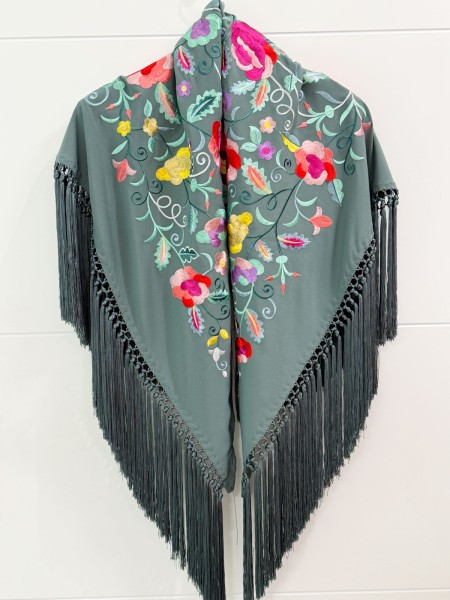 MANTÓN VERDE SECO BORDADO EN COLORES